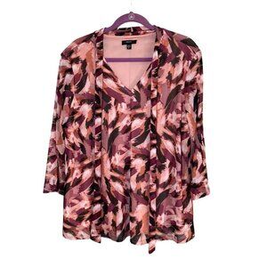 Cocomo Top Women XL Pink V Neck Pullover Abstract Mesh Print Tie Neck Plus